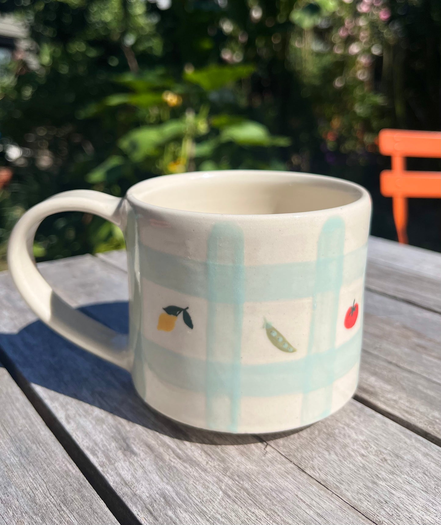 blue gingham mug