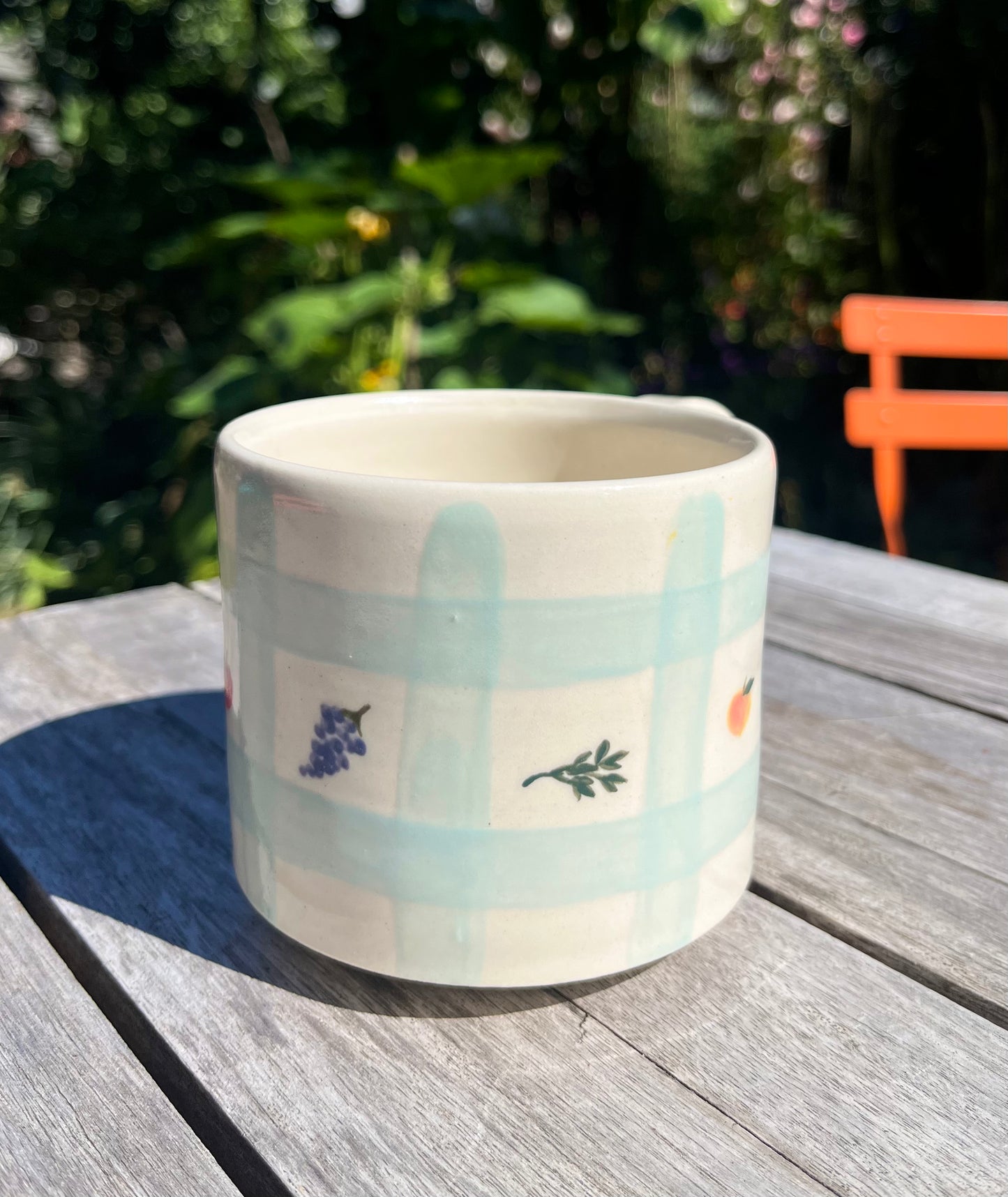 blue gingham mug