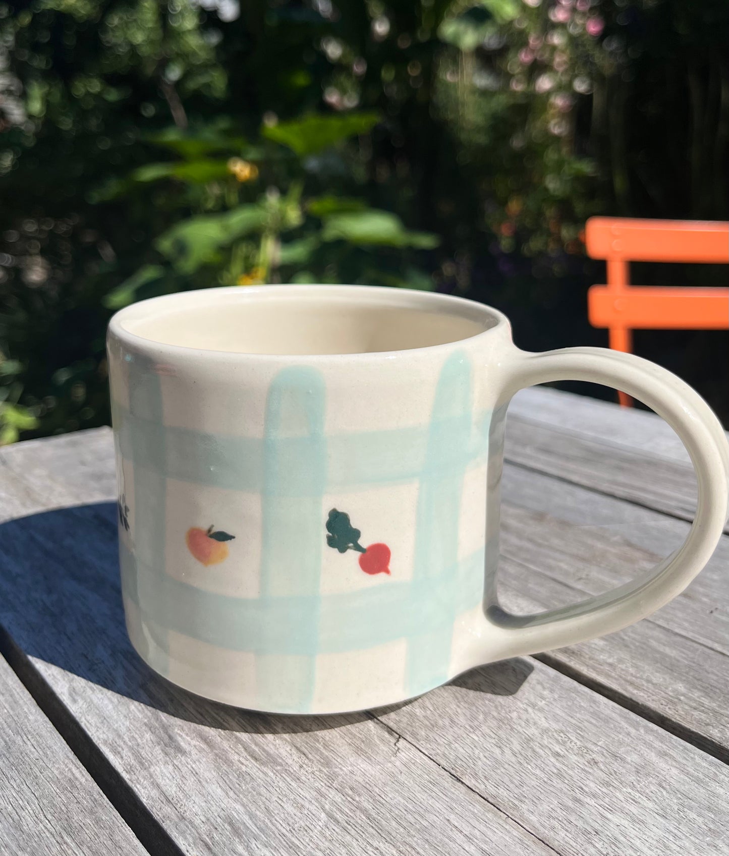 blue gingham mug